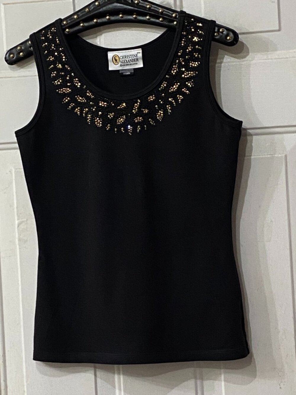 Christine Alexander Sz M Womens Black Knit Top Tank Gold/Black Rhinestones
